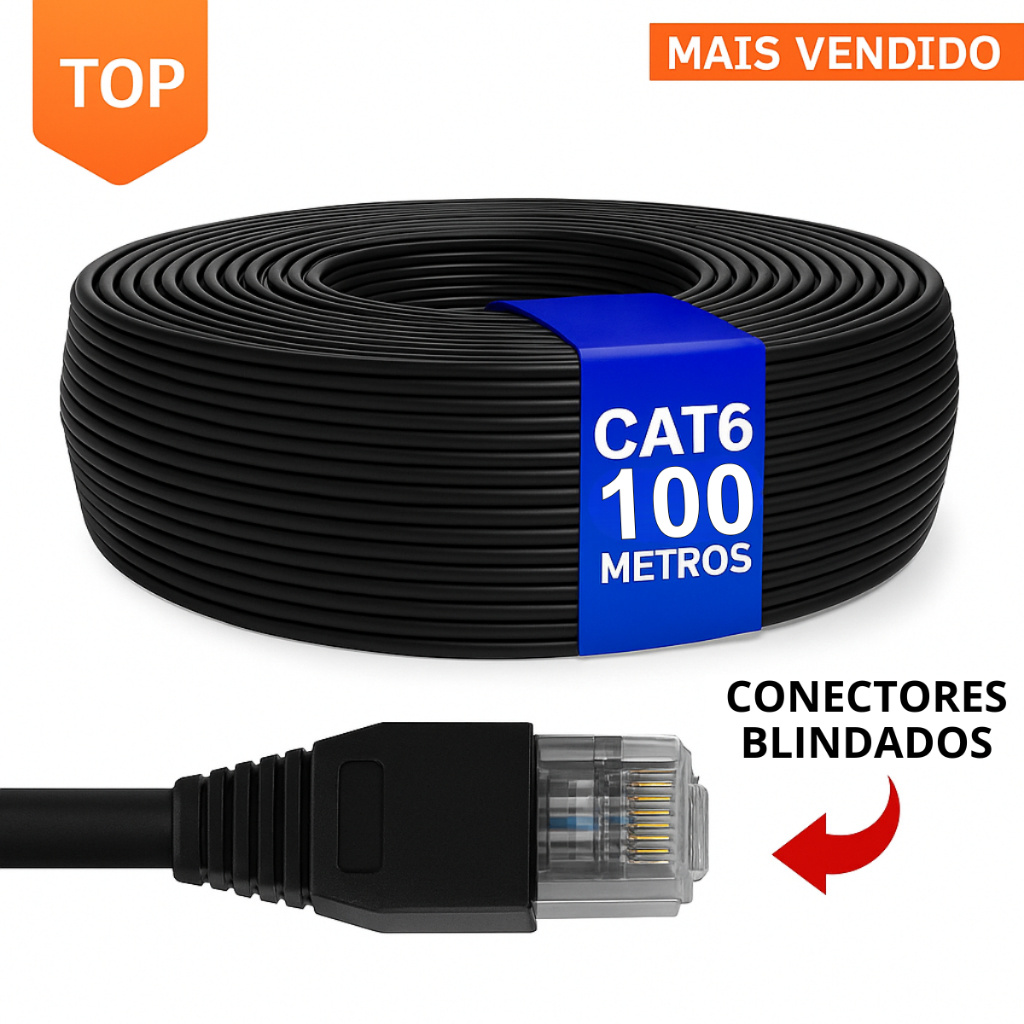 Cabo de REDE e CFTV CAT6 PRETO Alta Velocidade Metragens 100m - Notebook - PS4- PS5 - XBOX - TV BOX em Oferta na Shopee