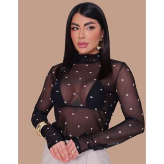 Blusa Tule Transparente Segunda Pele Alta Poá Bolinhas Segunda Pele Sexy Elegante em Oferta na Shopee