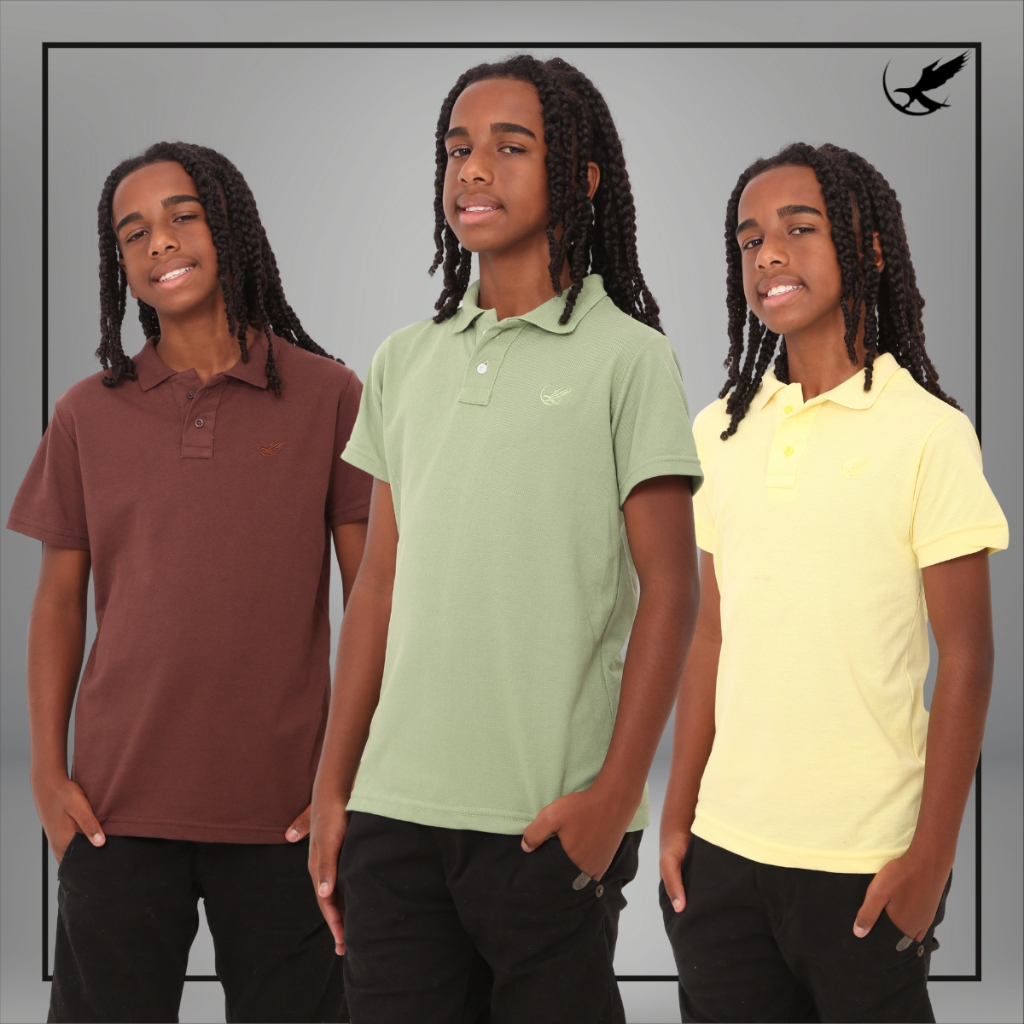 Kit 3 Camisas Polo Básica Infantil Juvenil menino manga curta tamanhos 4 ao 16 em varias cores