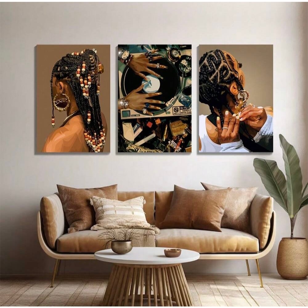 Quadros decorativos Mulher Tranças Vitrola Música Afro (3 peças) em Oferta na Shopee