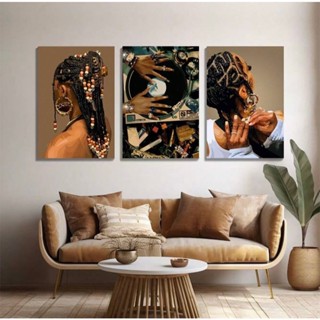 Quadros decorativos Mulher Tranças Vitrola Música Afro (3 peças) em Oferta na Shopee