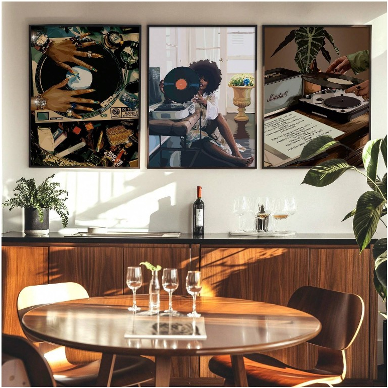 Quadros decorativos Vitrola Música Mãos Mulher Vintage (3 peças)
