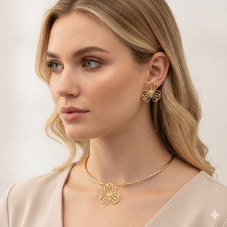 Conjunto Aro Choker Dourado Feminino Luxo | Colar Gargantilha com Brincos Elegantes em Oferta na Shopee