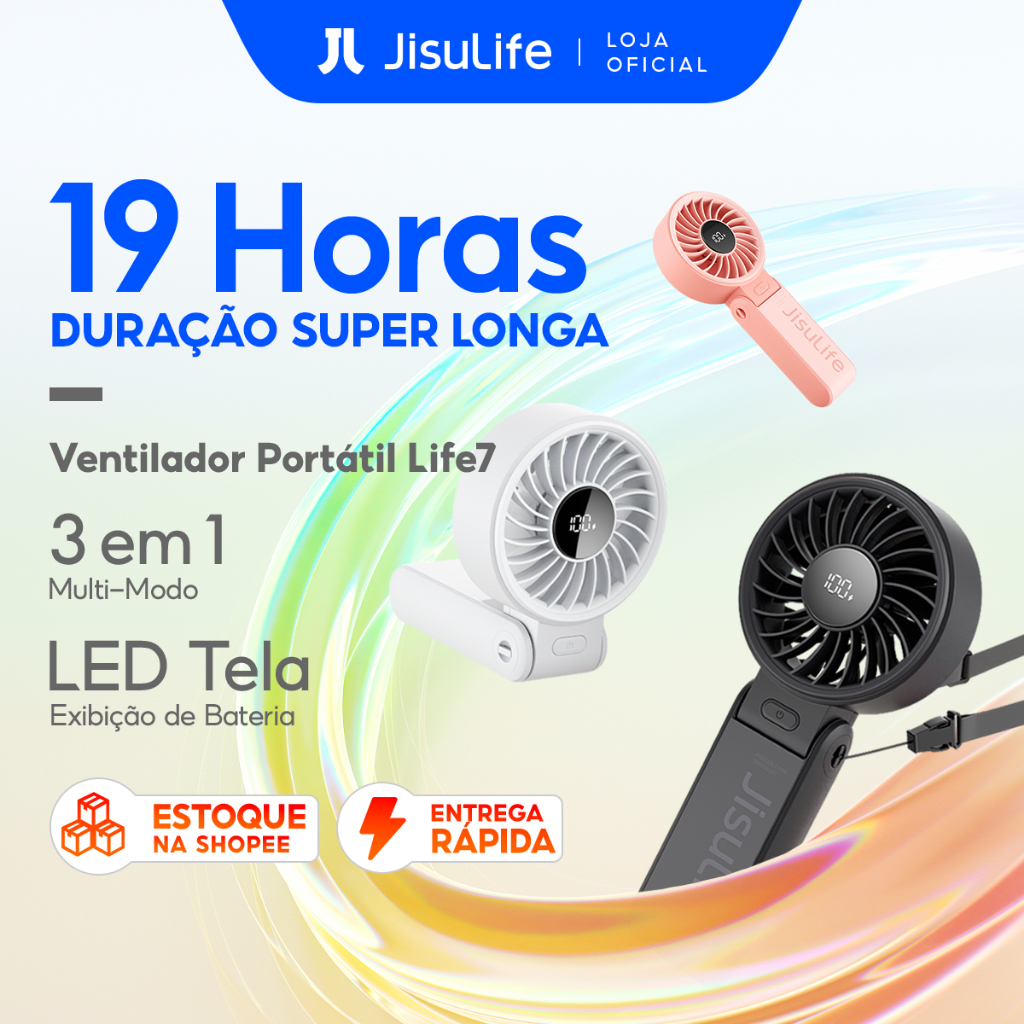 【Envio Full】JISULIFE Ventilador Portátil Silêncios de Mesa/Pescoço Multi-uso carregável 5000mAh com Tela (Life7) em Oferta na Shopee