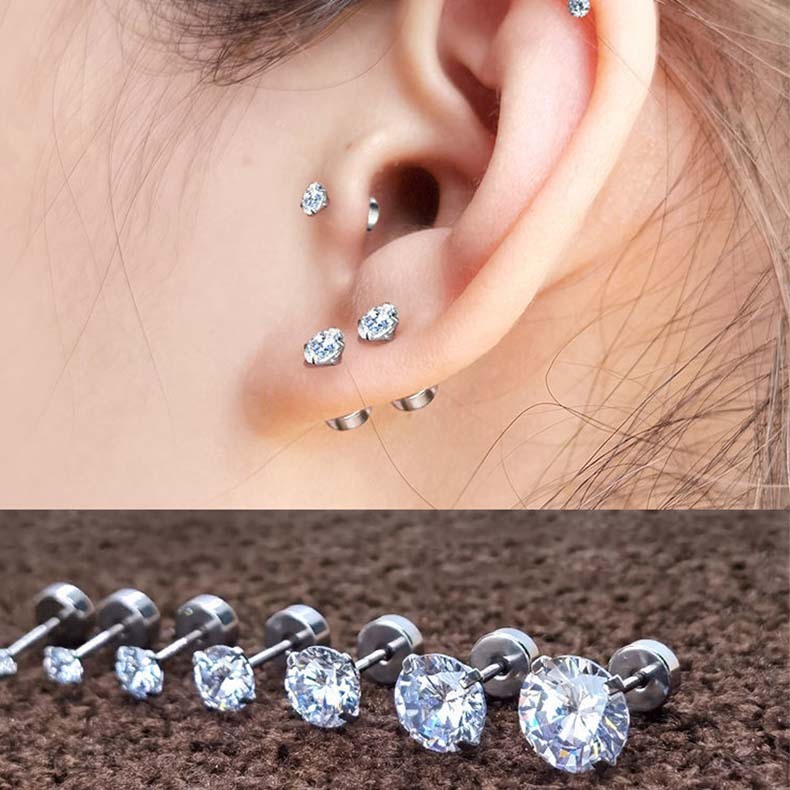 Brincos de diamante redondos de aço inoxidável 316L, brincos simples com barra de placa de aço de titânio em Oferta na Shopee