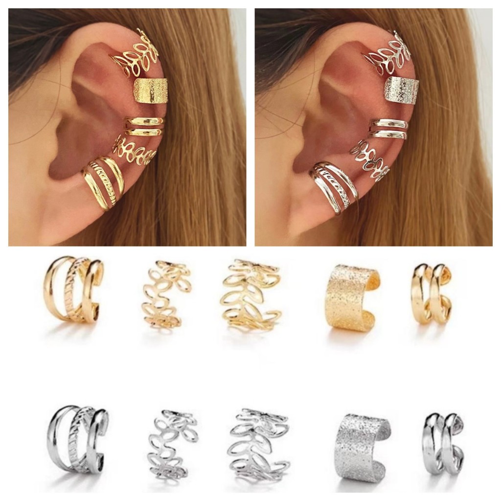 Conjunto de cinco peças de brincos ocos de folha de ouro personalizados, clipe de orelha em formato de C, sem piercing em Oferta na Shopee