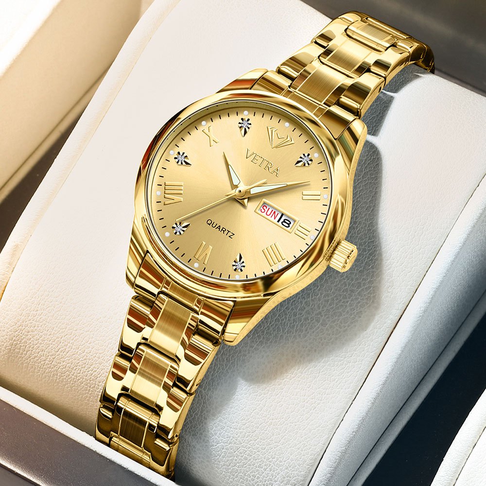 VETRA Relógio Relogio Feminino Luxo A Prova D Água Original Presente para Mulher Aço Inoxidável Dourado 5563