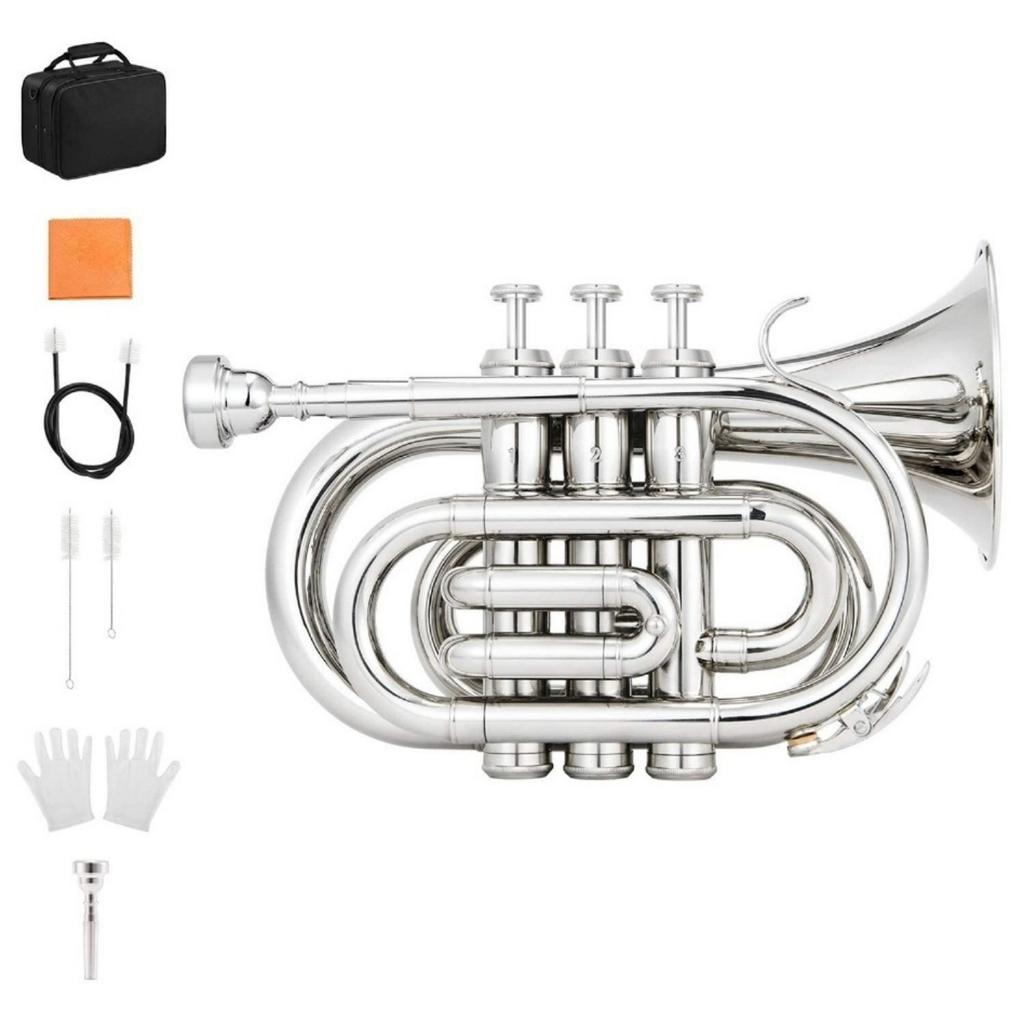 Mini trompete de bolso em Si bemol, instrumento de sopro em latão com boquilha, luvas, pano de limpeza e estojo de em Oferta na Shopee