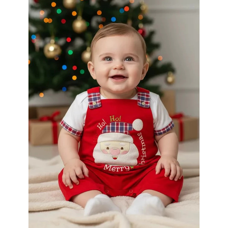Conjunto Bebê Jardineira + Camiseta Natalina do Tamanho P ao 3 | Roupa Infantil Menino | 2 Peças