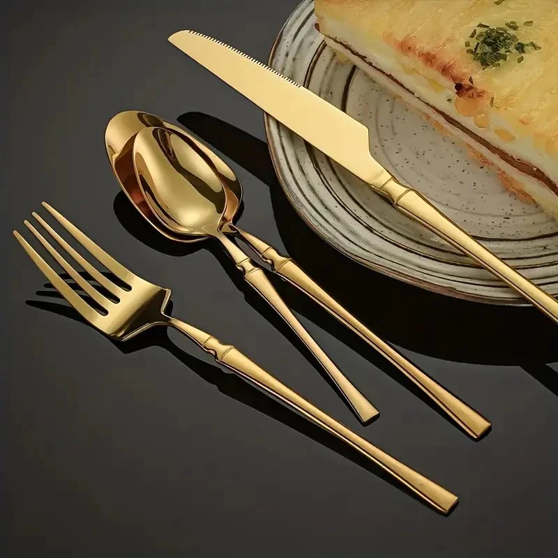 Conjunto de 24 Talheres de Aço Inoxidável Dourado Conjunto de Talheres Cintura Fina Dourado Série Deluxe22