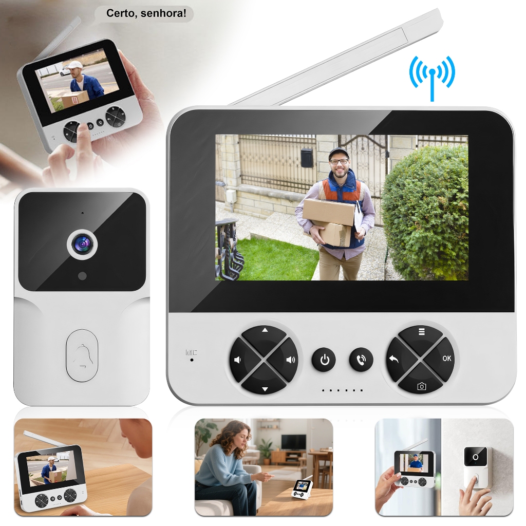 Kit Porteiro Inteligente Campainha C/ Câmera + Tela Ips Branco