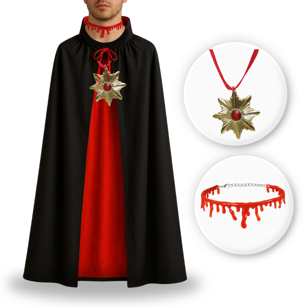 Fantasia de Vampiro Drácula Capa Dupla Face Preta e Vermelha e Colar Brasão Halloween UNISSEX