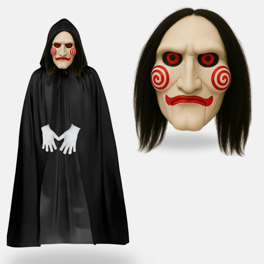 Fantasia Jogos Mortais Halloween (Máscara de Latex C/ Peruca em Fio Sintético , Capa, Luva e Gravata)