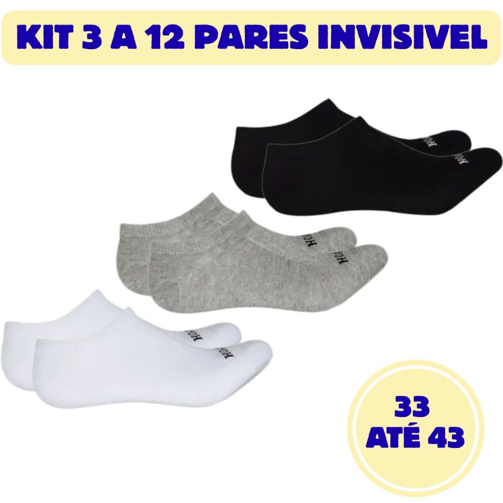 Meias Invisivel Hoahi Algodão Kit com 3 a 12 Pares – Masculina e Feminina – Branca, Preta e Cinza em Oferta na Shopee