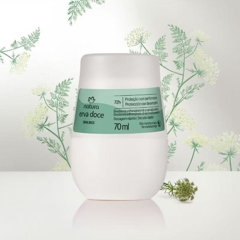 Desodorante Antitranspirante Roll-on Erva Doce 70ml Proteção 72h Natura