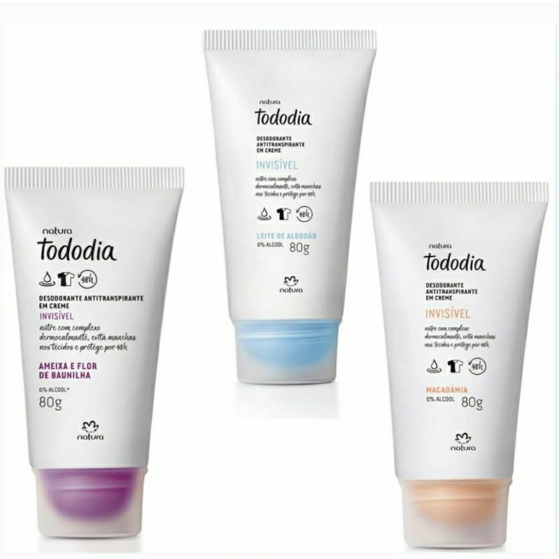 Kit  03 Desodorantes Antitranspirante em creme Natura Tododia Noz Pecã, algodão e erva doce