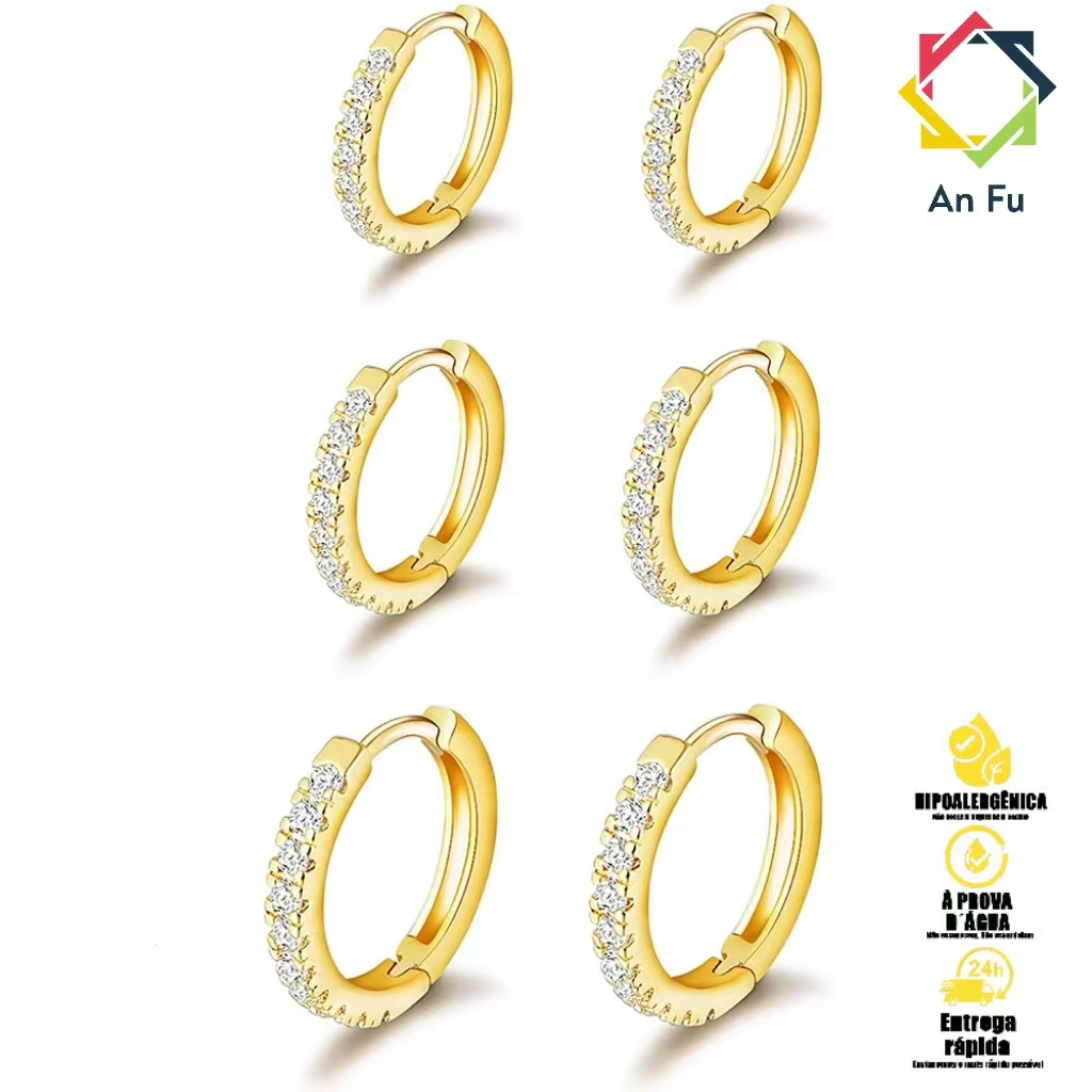Kit Feminino com 6 Brincos de Argola – Prata 925 e Zircônia, Hipoalergênico e Luxuoso