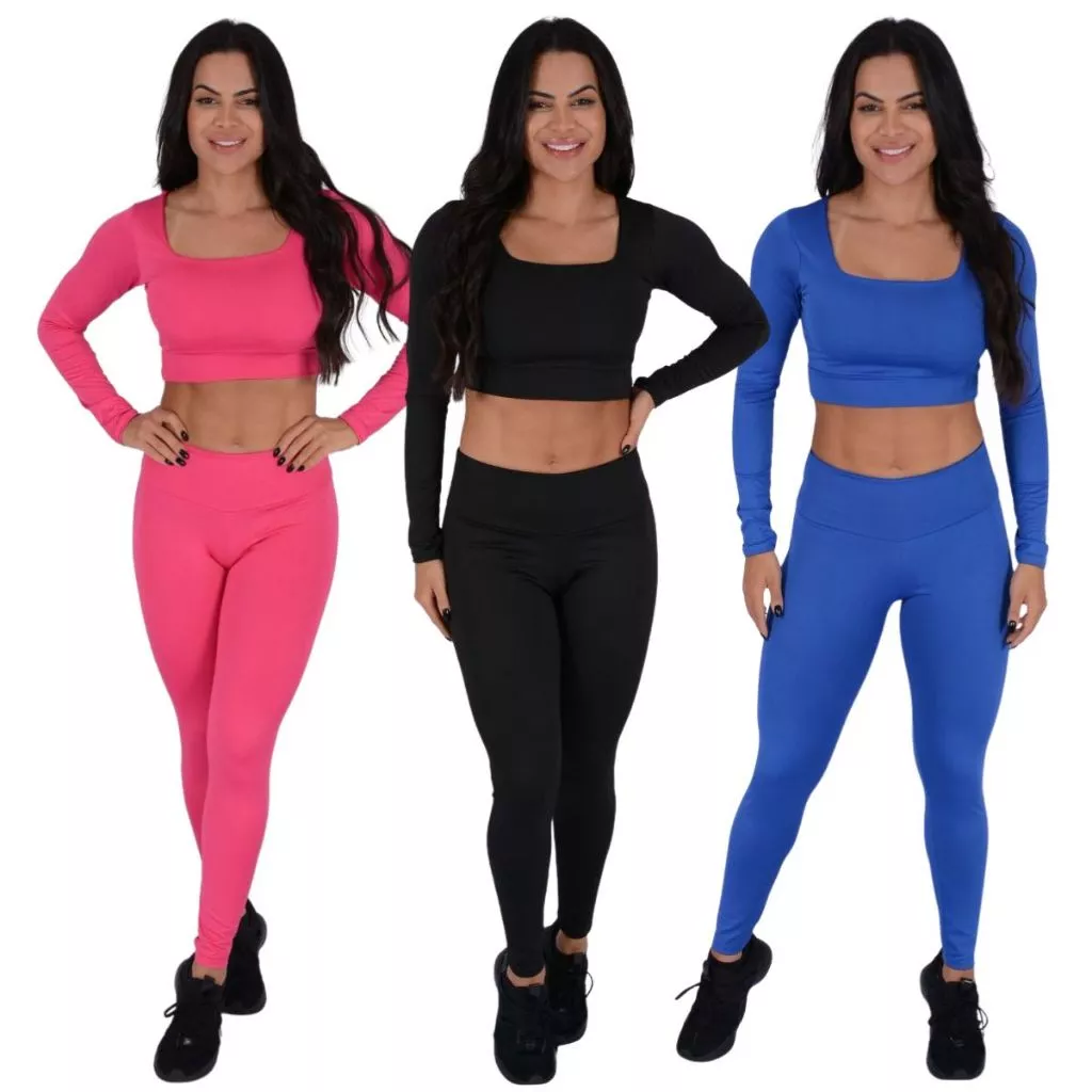 Conjunto Fitnes Calça Leg Legging Top Feminino Cropped Manga Longa Treino Academia Suplex Esportivo — imagem 1