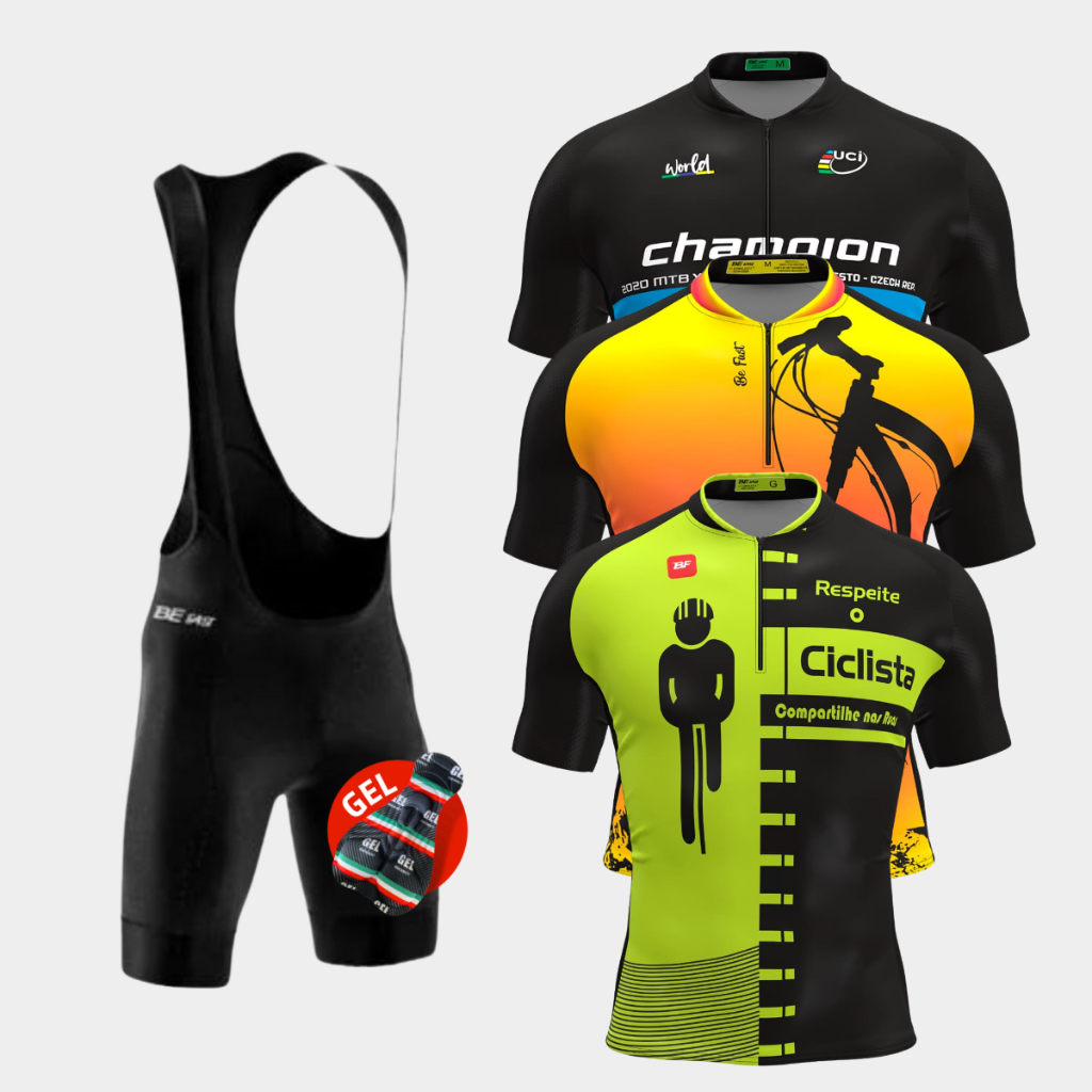 Conjunto Masculino Ciclismo Camisa Camiseta Ciclistas Zíper Parcial Bretelle Short Forro Gel Pedal