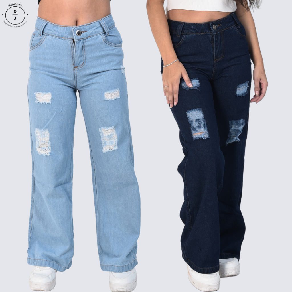 Calça jeans Wide leg Pantalona com destroyd infantil  juvenil 100% Algodão do 10 ao 16 modinha