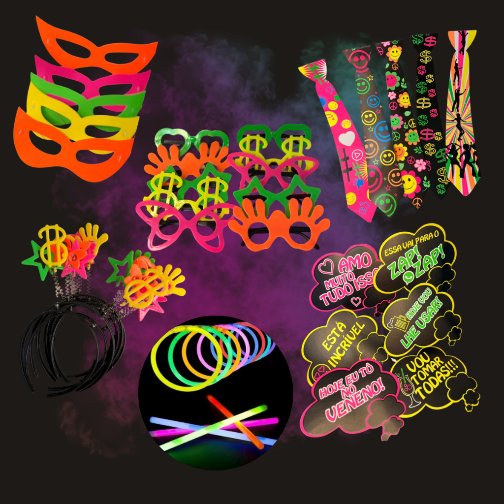 Kit Balada 35 peças Pulseira Gravata Oculos Tiara Mascara Festa Neon
