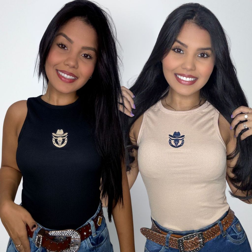 Kit Regata Feminina Canelada Poliéster com Elastano Ribana Blusinha Básica Estilosa Country Rodeio Bordada Boiadeira
