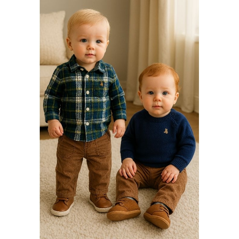 🧸 Trio Baby Gap Importado – Camisa Flanelada Xadrez, Suéter Tricô Azul e Calça Caramelo - 3 meses