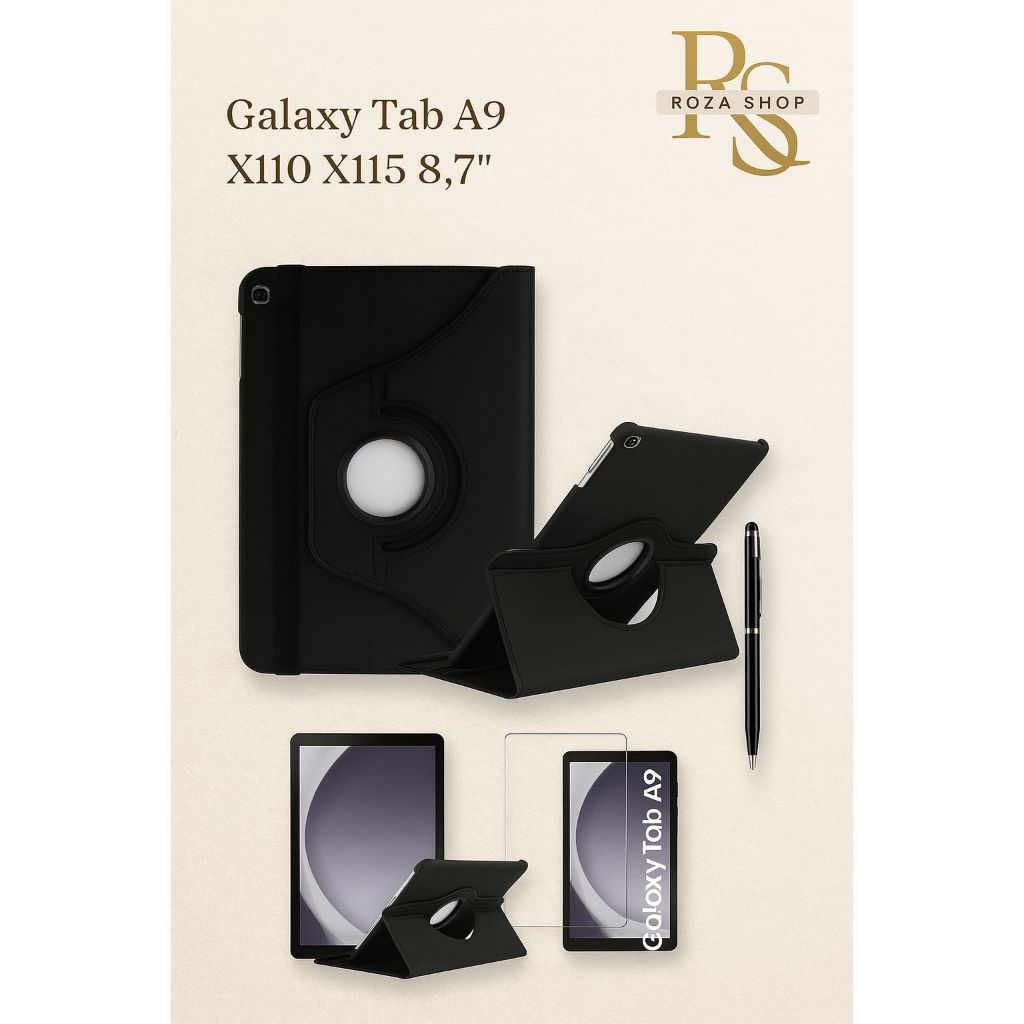 Kit Completo Capa 360° Giratória Galaxy Tab A9 8.7” + Caneta 2 em 1 (Escreve e Touch) + Película de Vidro  Premium
