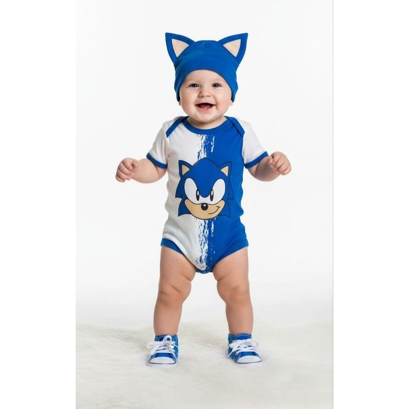Body Temático Sonic com Opção de Touca e Tênis, bebê menino, fantasia mesversário em Oferta na Shopee