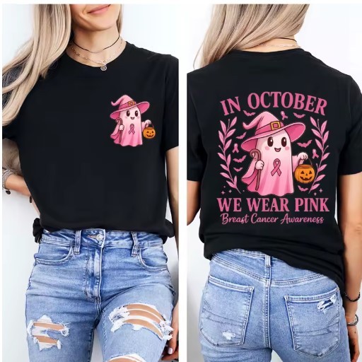 Camiseta Camisa Blusa Algodão Unissex  rosa de Halloween, fantasma rosa Em Outubro