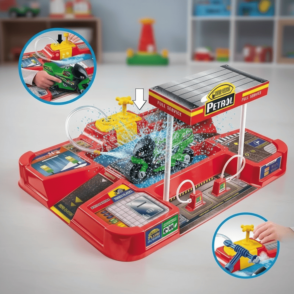 Brinquedo Lava-Rápido Infantil Com Água De Verdade Auto Posto E Pista Pit Stop Carrinho E Moto Interativa Acessórios