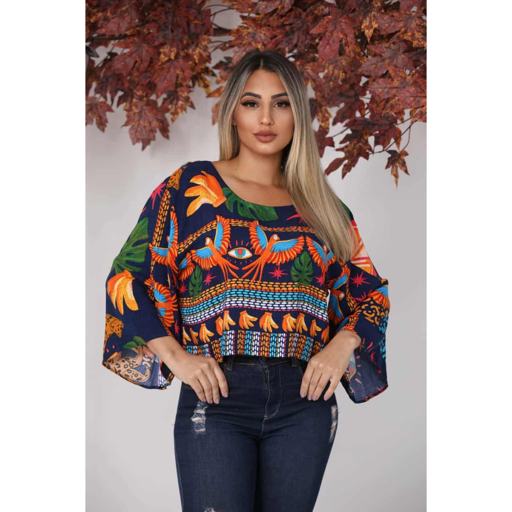 Blusa Cropped De Manga Flare  3/4 Feminina Inspiraçao Frmy em Oferta na Shopee