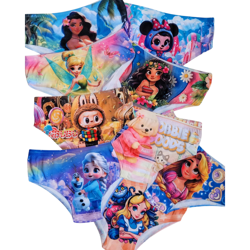 Kit 10 Calcinha Infanti Disney e Desenhos Frozen Cinderela Alice Moana Pequena Sereia Enrolados