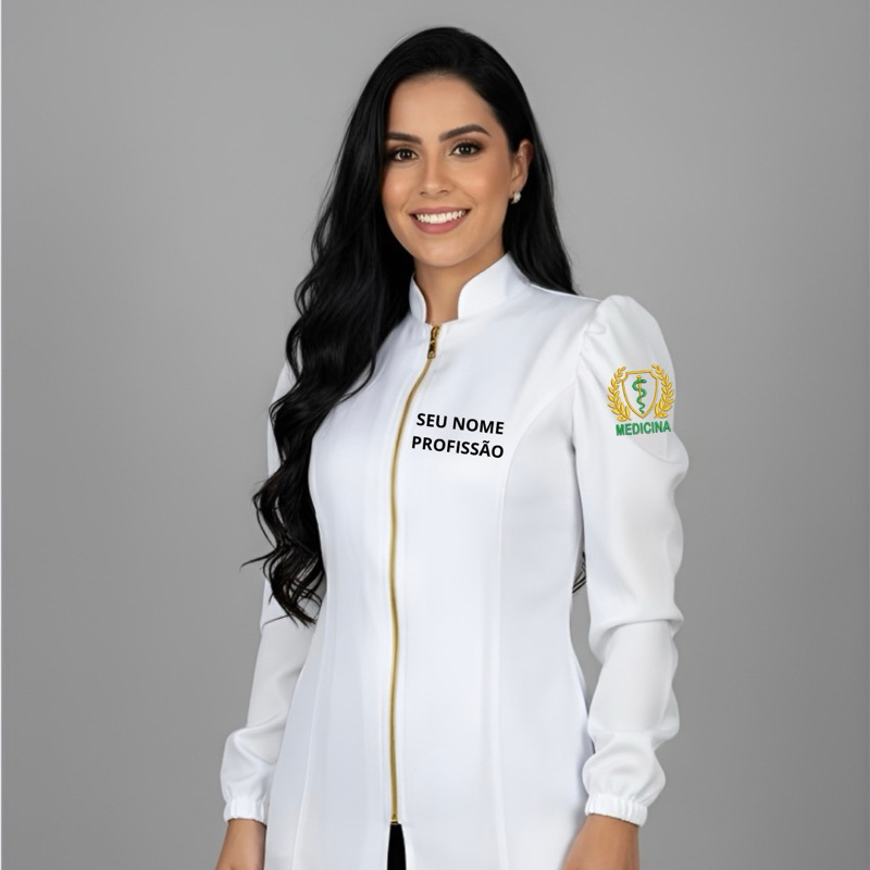 Jaleco Feminino manga princesa branco bordado nome e logo diversas especialidades brasão e nome