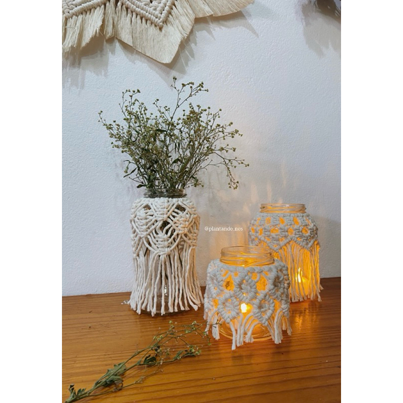 Vidros Decorados em Macramê Porta velas cachepô