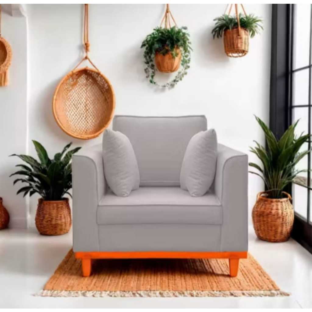 Poltrona poltrona sofa linho cinza beny luxo base reforçada de madeira pes trapezio em Oferta na Shopee