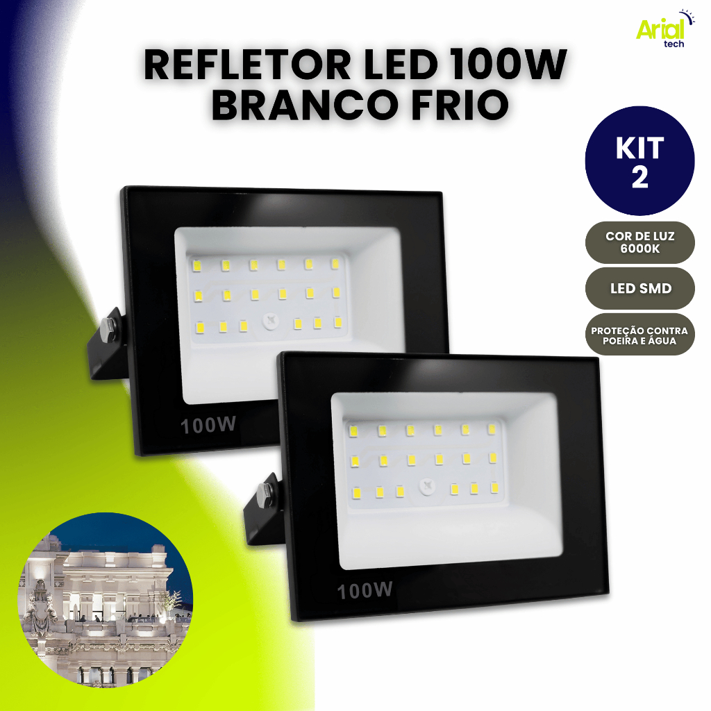 Kit 2 Refletor Led 100w Holofote Bivolt Prova Dágua Frio em Oferta na Shopee