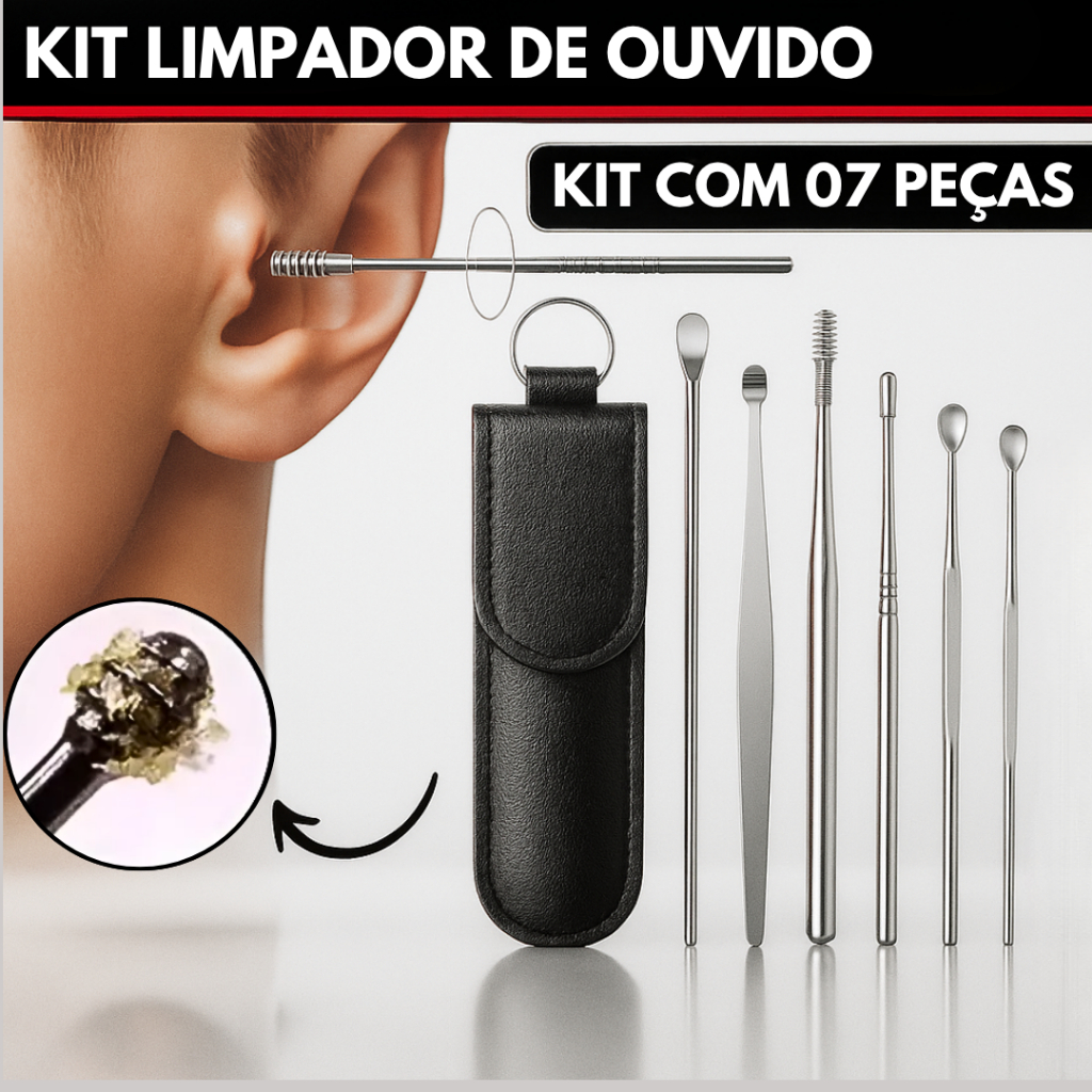 Kit 07 Peças Limpador de Ouvido Removedor de Cera com Estojo Jogo Cotonete Fácil Orelha Aço Inoxidavel