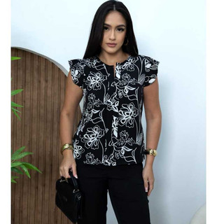 Blusa Feminina Elegante em Crepe | Camisa Feminina Manga Curta Frufru/Babadinho Estilosa