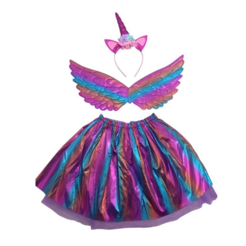 fantasia infantil unicórnio roxo e rosa com asa saia e tiara para festa fantasia