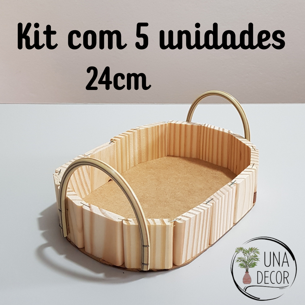 Kit 5 Bandejas Madeira Oval 24cm c/alça – Decorativa,Organizadora,Cesta Chocolates,Presentes,Kit Spa