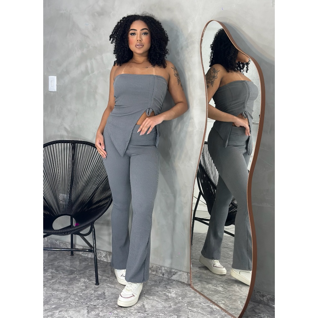 conjunto feminino calça e blusa tomara que caia assimétrica em Oferta na Shopee