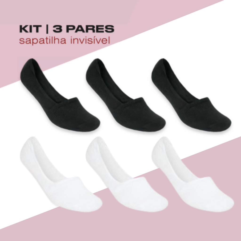 Kit 3 Pares Sapatilha Invisível Preta ou Branca Selene 34 a 38