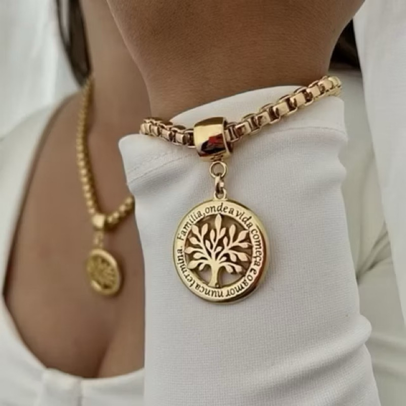 Conjunto colar e pulseira corrente cordão veneziana pingente resinado moda feminina