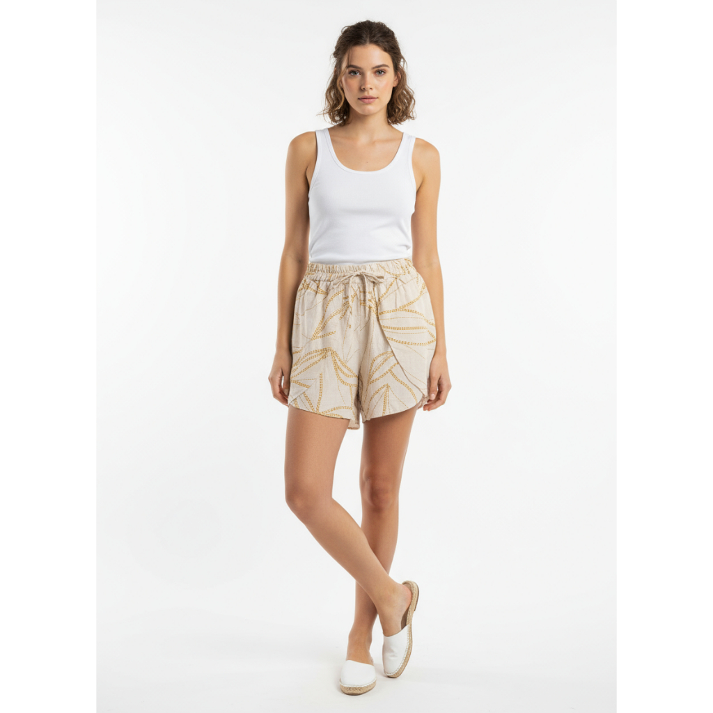 Short Feminino no tecido Viscolinho Recorte Moderno e Cós de Elástico