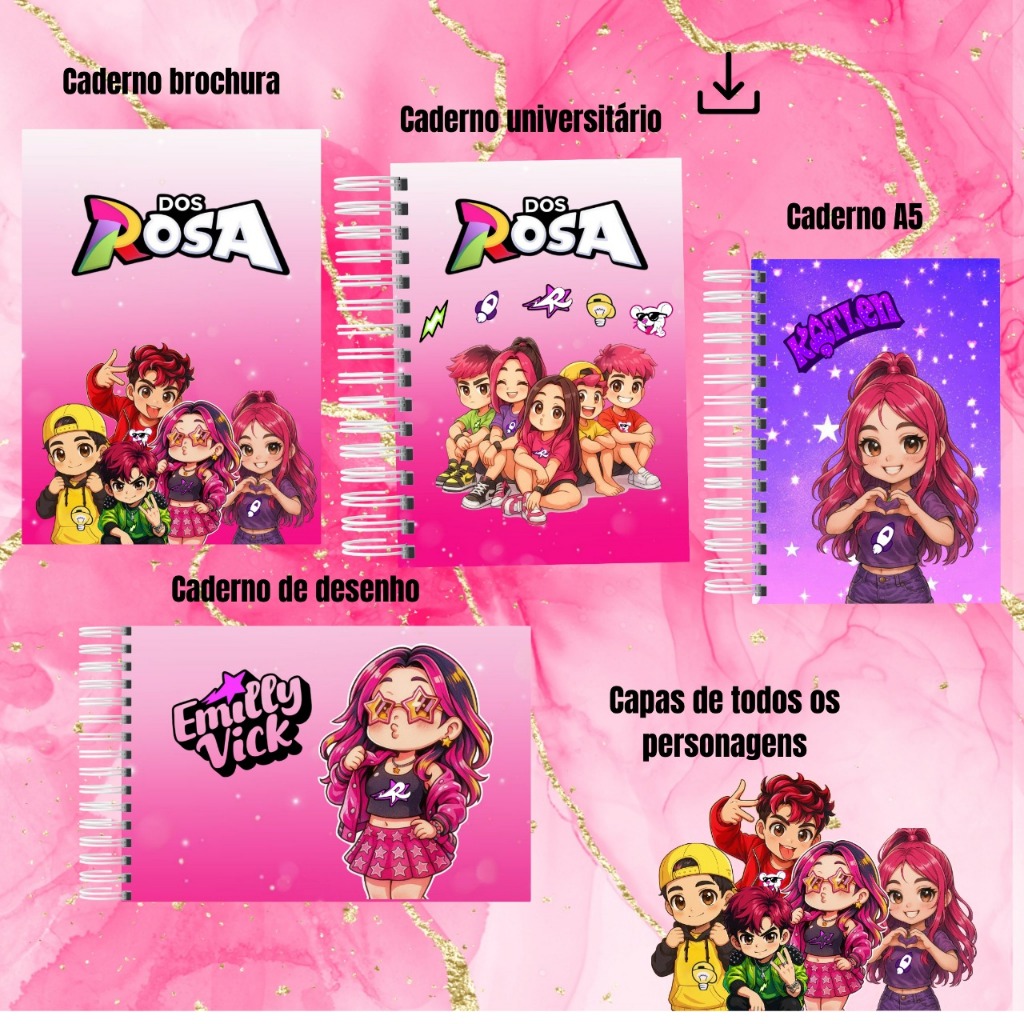 Kit Rosas 🌹 | Livro de Colorir + Agenda Escolar + Caderno + Bloquinho + Tabuada | Presente Criativo