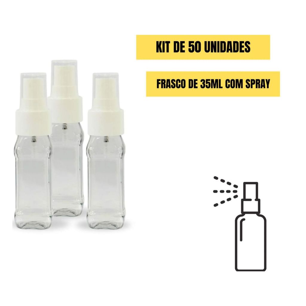 KIT 50 MINI FRASCOS PET QUADRADO DE 35ML VÁLVULA SPRAY ENVIO IMEDIATO - ESCOLHA A  COR DO SPRAY
