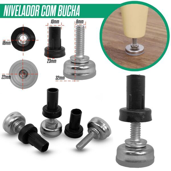 Pé Nivelador Para Cadeiras Móveis Cômoda Sapata Niveladora Base 22mm Mais Bucha 5/10/15/20 Unidades