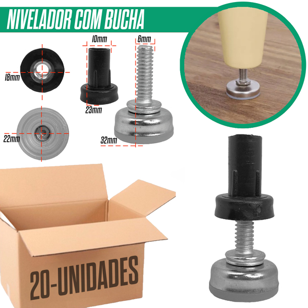 20 Uni Sapata Niveladora Base Antiderrapante 22mm + Bucha Regulável Pé Nivelador Para Móveis Cadeira
