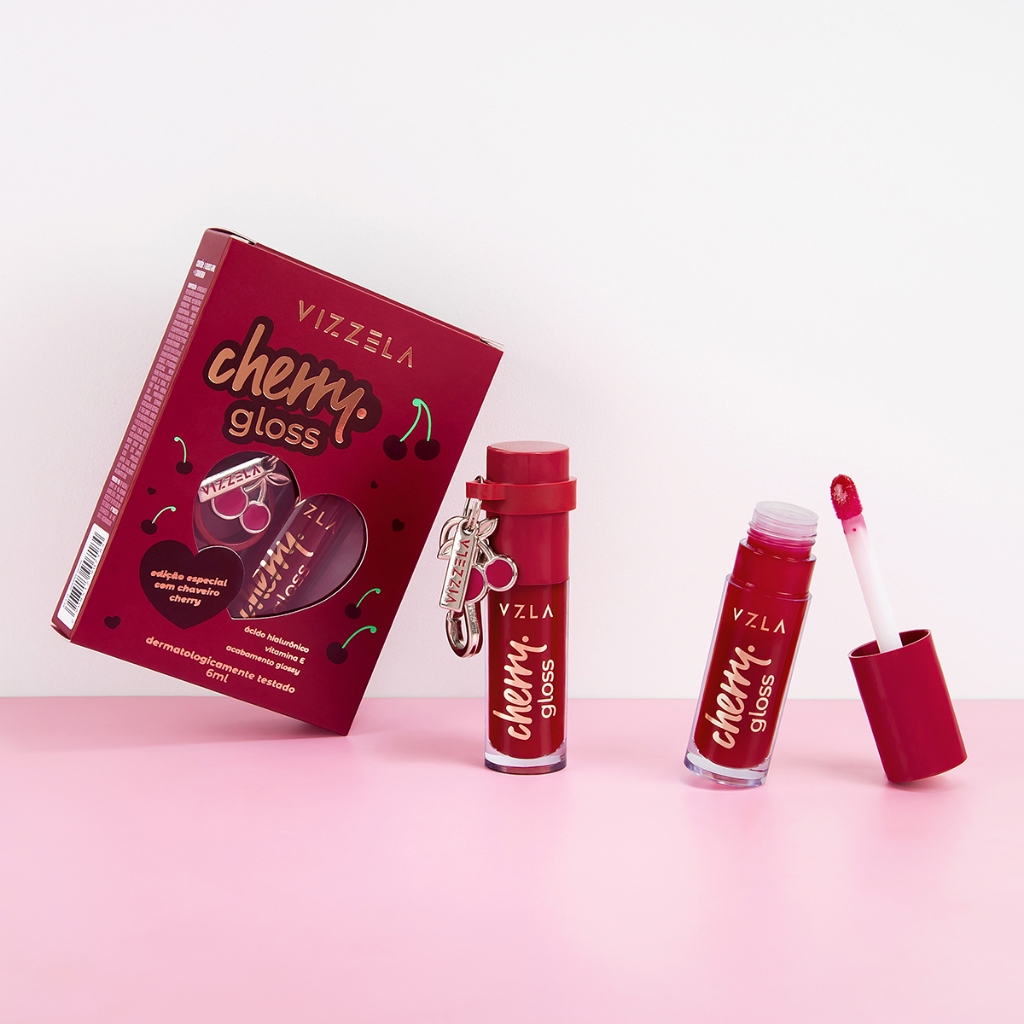 Gloss Labial Vizzela Cherry Volumoso Hidratante Brilho Irresistível Vegano Original Vizzela